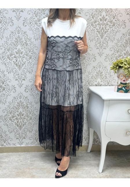 Vestido hombreras encaje negro