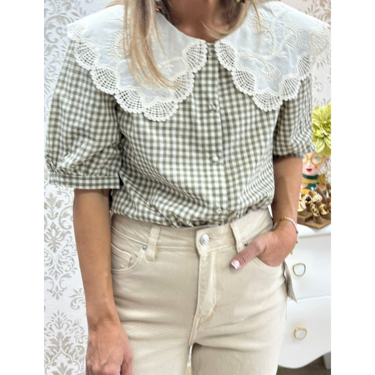 Camisa vichy cuello bordado verde