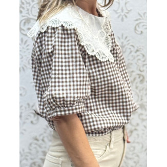Camisa vichy cuello bordado choco