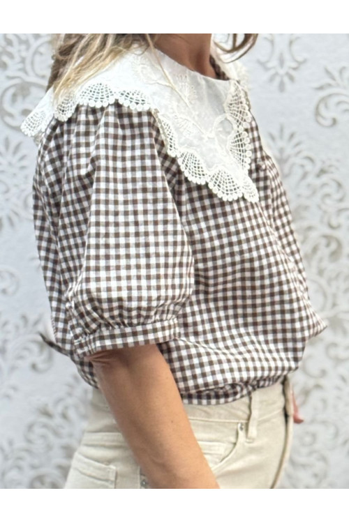 Camisa vichy cuello bordado choco