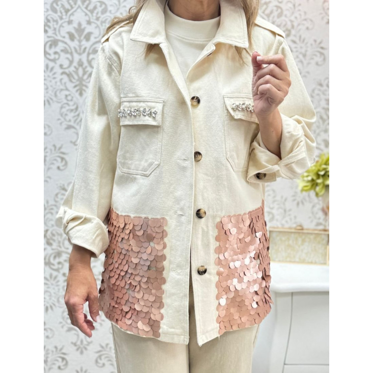 Chaqueta vaquera abalorio beige