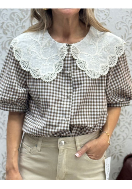 Camisa vichy cuello bordado choco