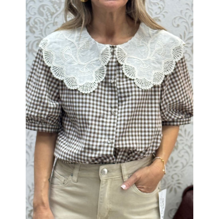 Camisa vichy cuello bordado choco